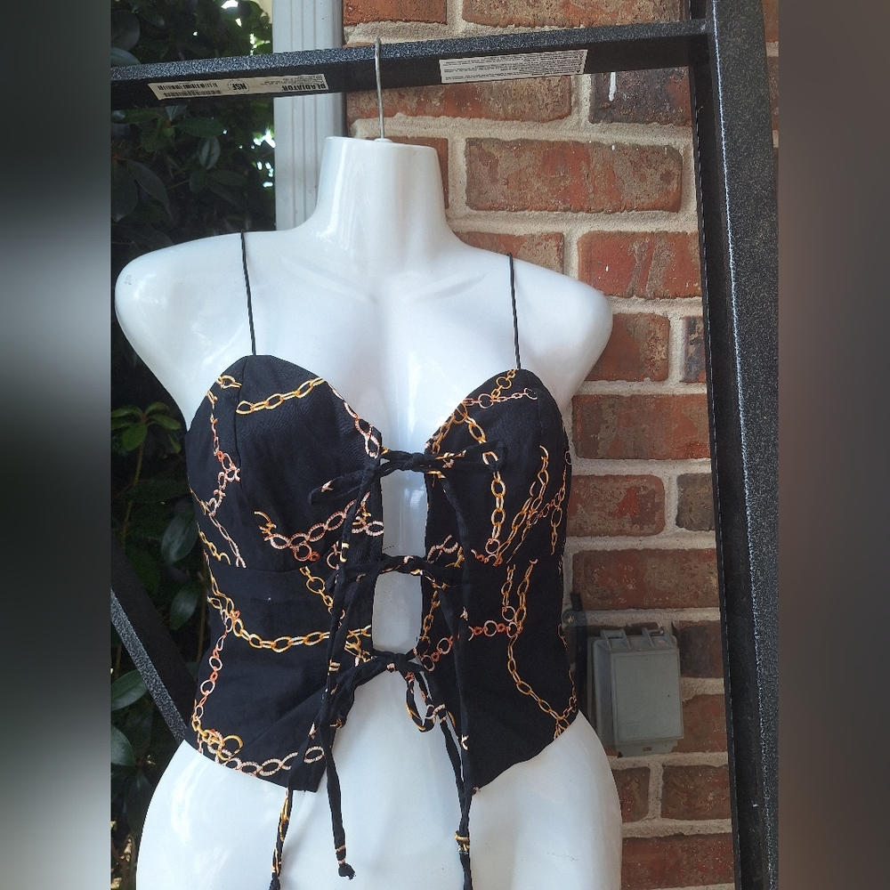 Black and Gold Chain Print Lace-Up Bustier